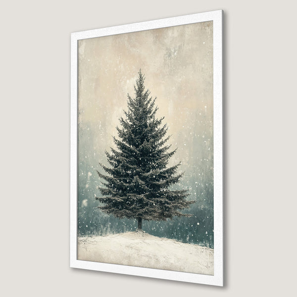 Framed Poster featuring a winter scene with a pine tree. Rustic style with a muted, cool color palette. Perfect for cozy decor.