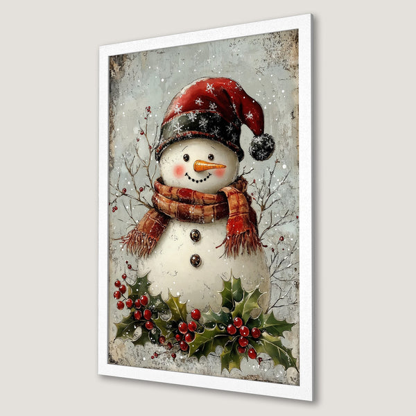 Framed Poster featuring a charming snowman with a red hat and scarf. Rustic style, winter scene with a red, green, and neutral color palette.