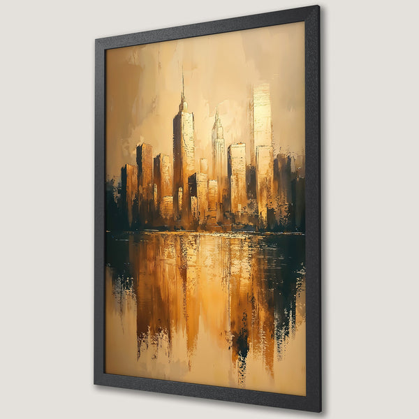 Framed Poster of a cityscape in a warm, impressionistic style. Features a golden color palette with reflections. Perfect wall art!