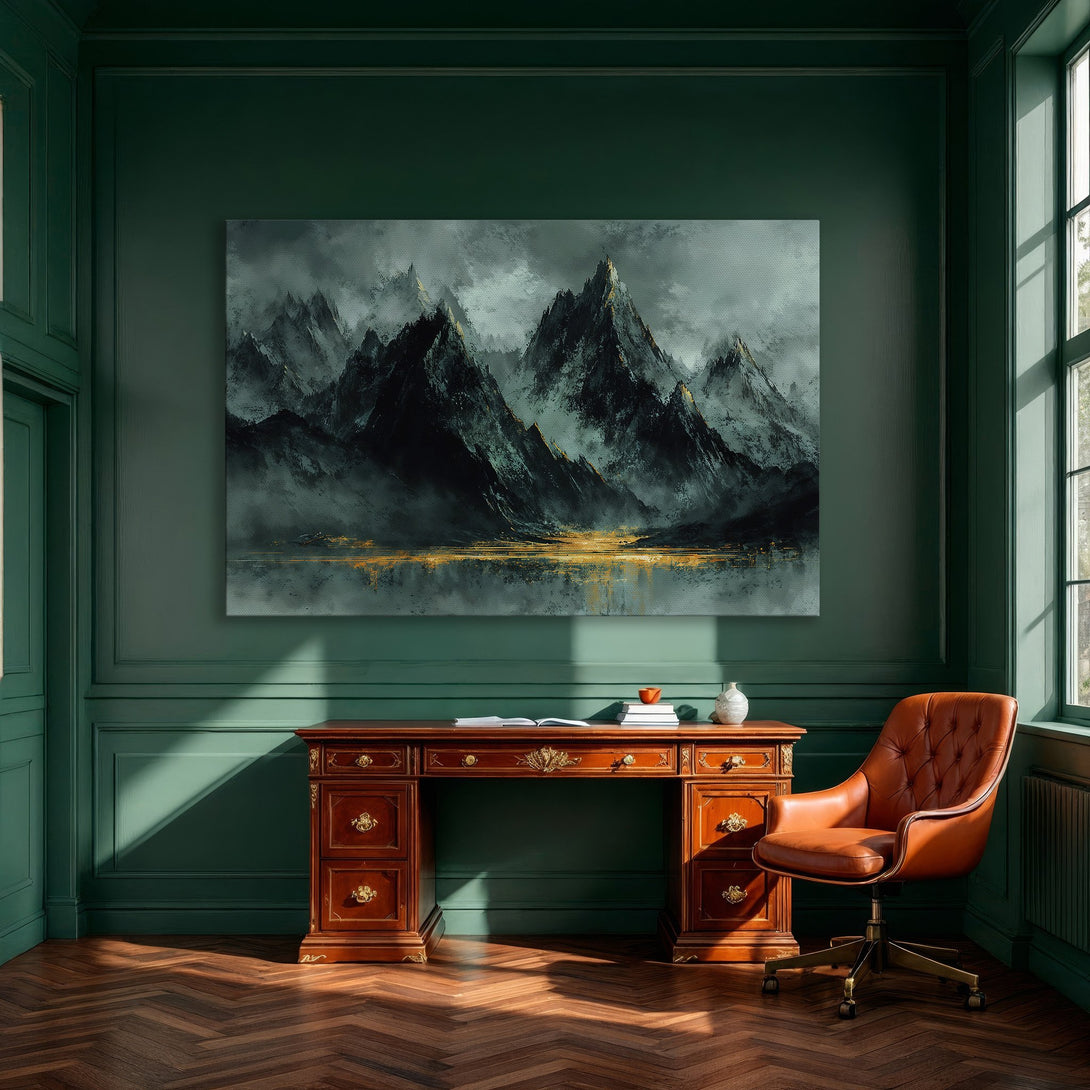 Framed Wall Art: Dramatic mountain landscape in teal and gold tones. Modern abstract art for living room or dining room decor.