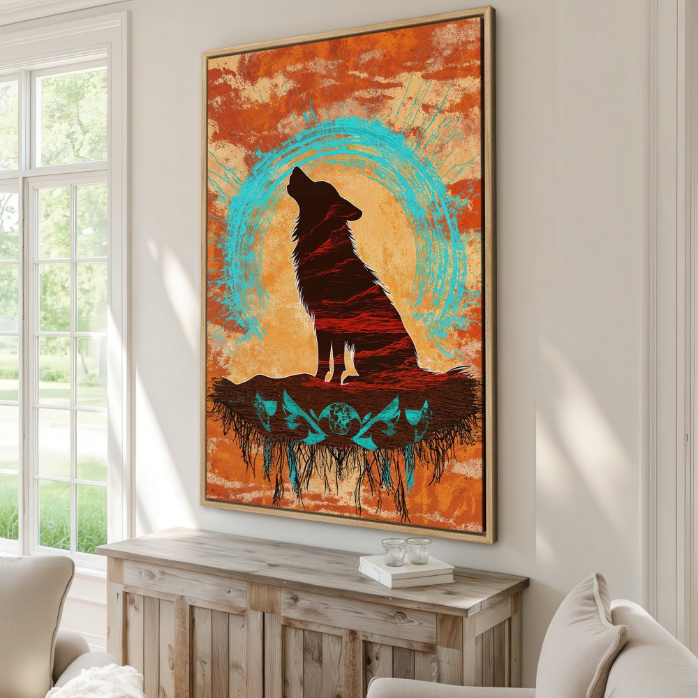 Framed Wall Art: Silhouette wolf howling at the moon. Rustic, abstract style with orange, teal, and brown color palette. Perfect for home decor!