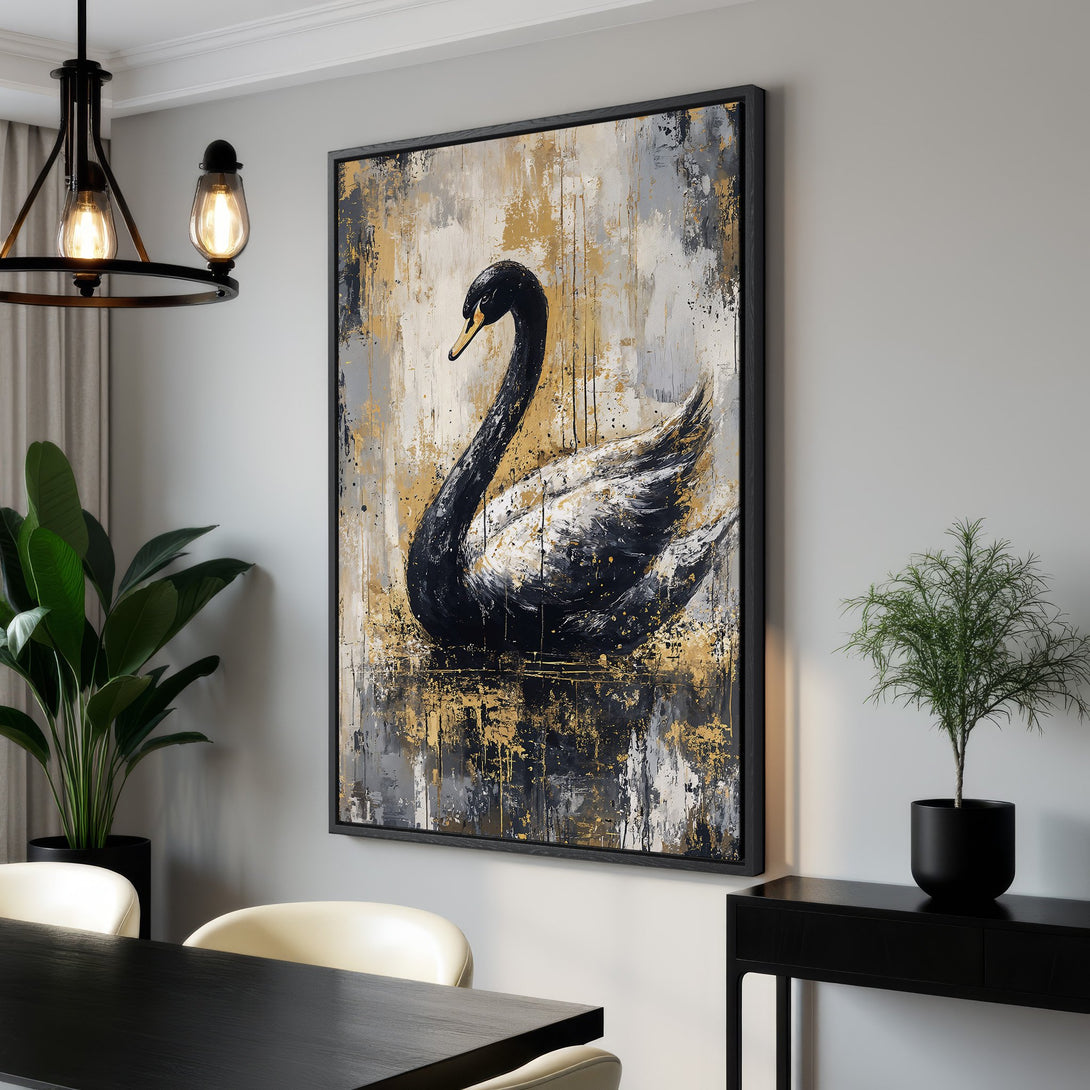 Framed Wall Art: Black swan painting with gold and gray abstract background. Modern Canvas Print in a dining room, featuring a monochromatic color palette.
