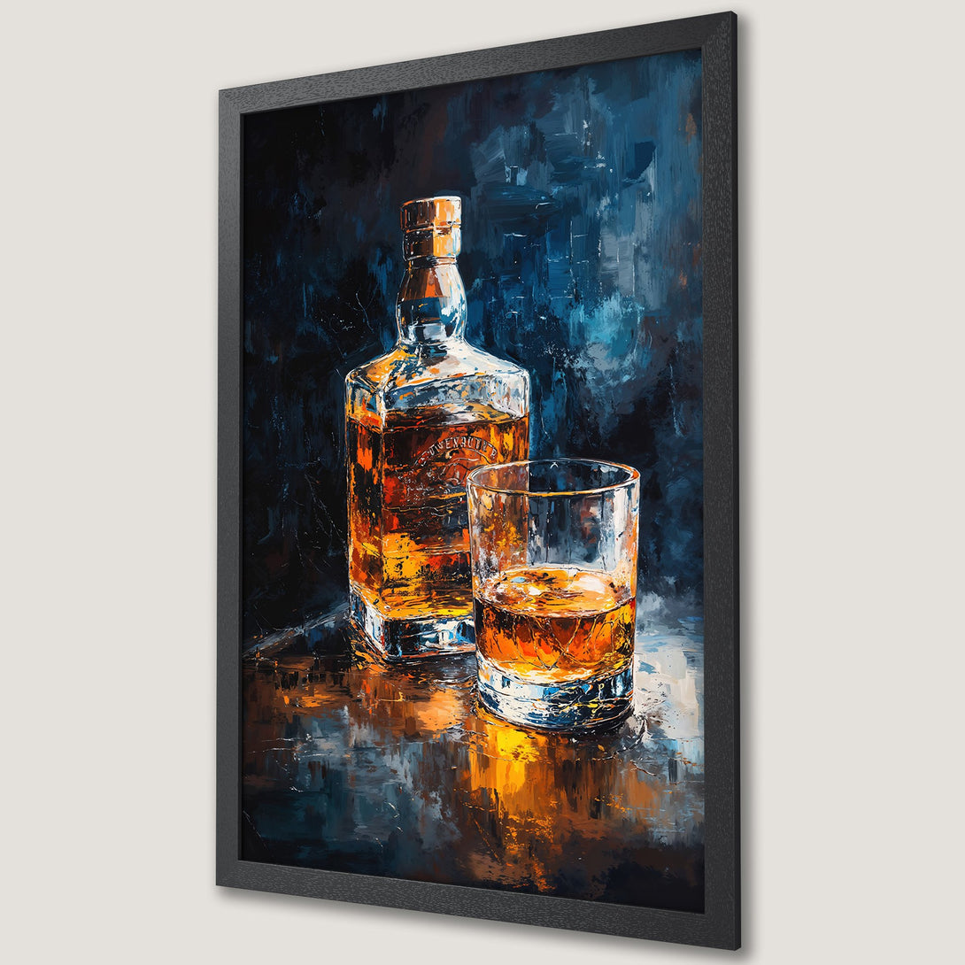 Framed Poster of whiskey bottle and glass in an impressionist style with a blue and orange color palette. Perfect wall art!