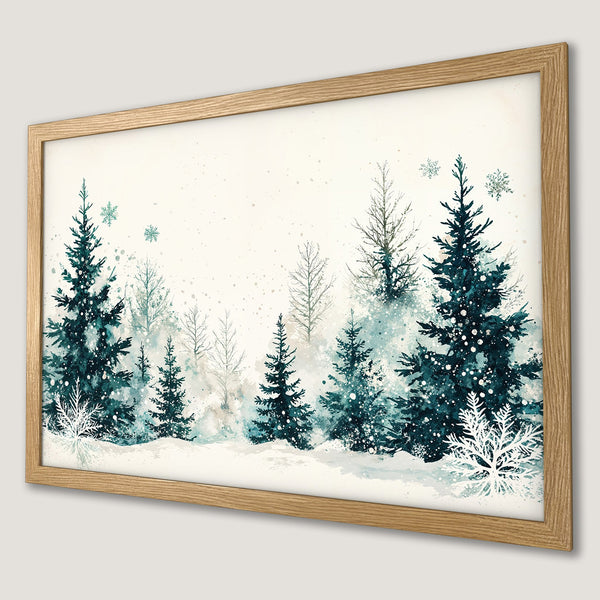 Framed Poster featuring a watercolor winter forest scene in teal and white, perfect for holiday decor.