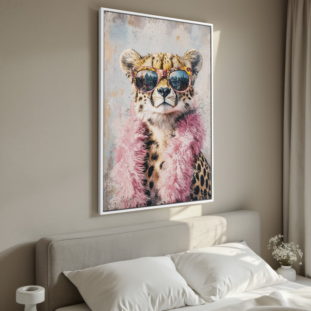 Framed Wall Art: Cool cheetah portrait with pink boa and sunglasses. Modern art in neutral tones, perfect for bedroom decor.