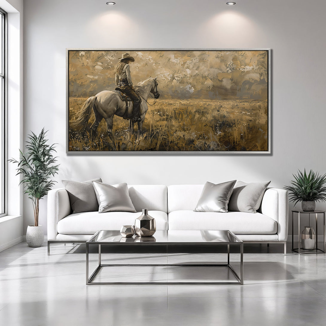 Framed Wall Art: Cowboy on Horseback painting in neutral tones. Rustic art for a modern home. Warm, inviting color palette.