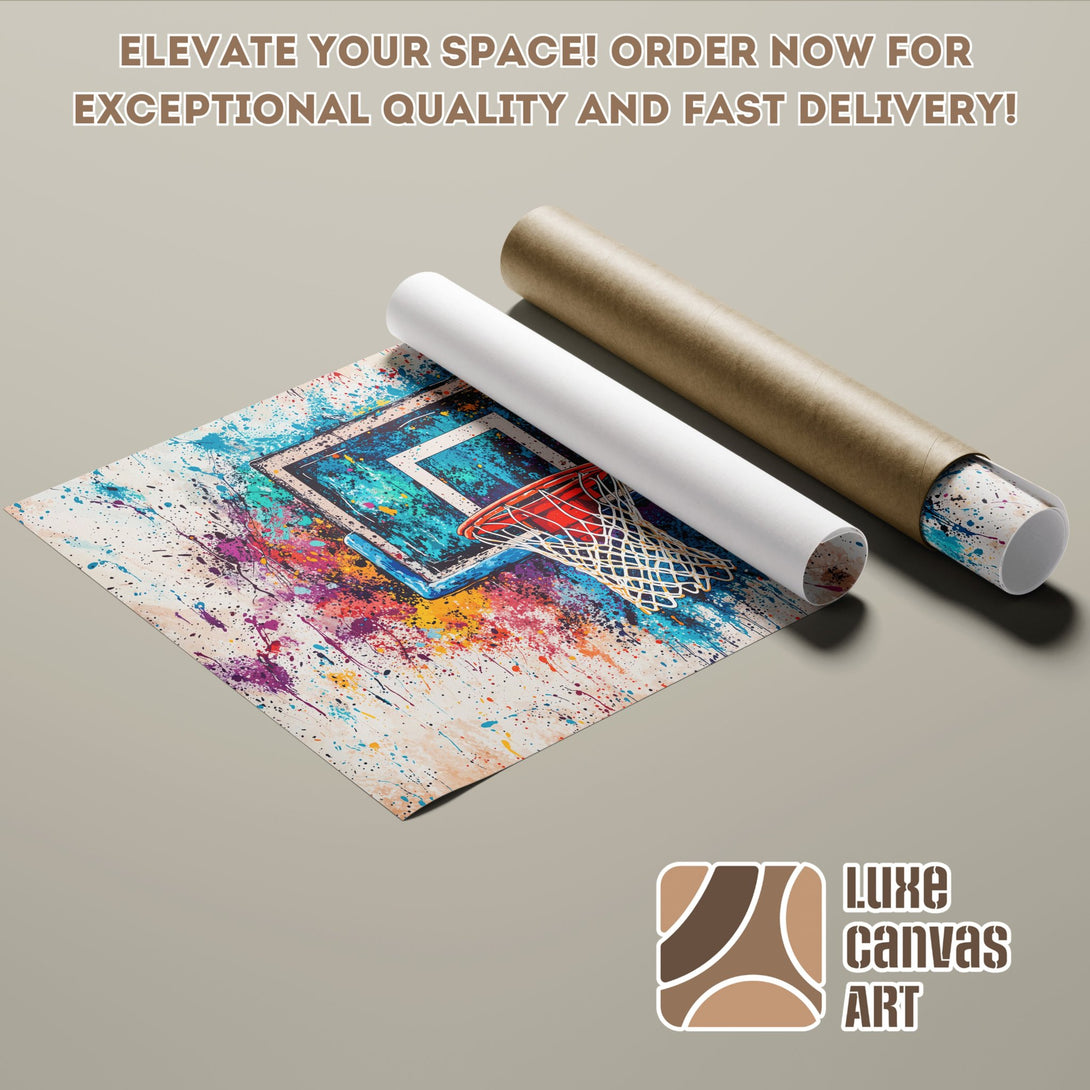Basketball hoop poster roll with vibrant colors and abstract splatter art style.