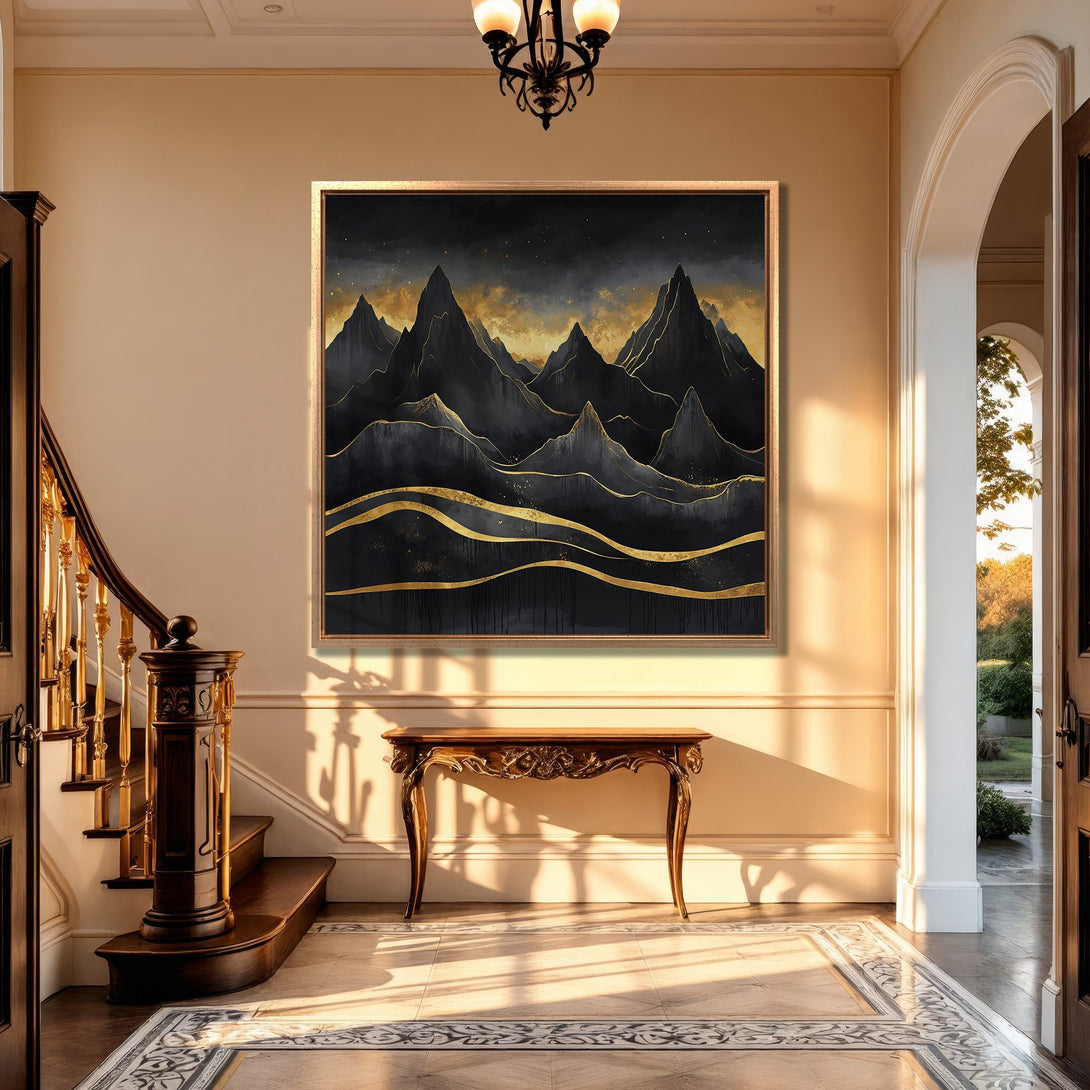 Framed Wall Art: Abstract mountain landscape in black and gold, adding elegance to a luxury interior. Perfect for modern home decor.