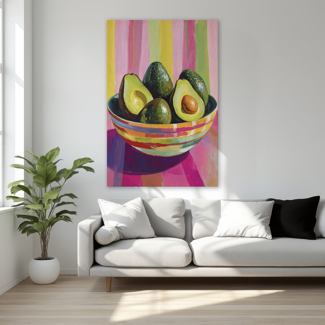 Framed Wall Art: Vibrant avocado still life painting with colorful stripes. Modern art with a bright, bold color palette. Perfect for kitchen or dining room.