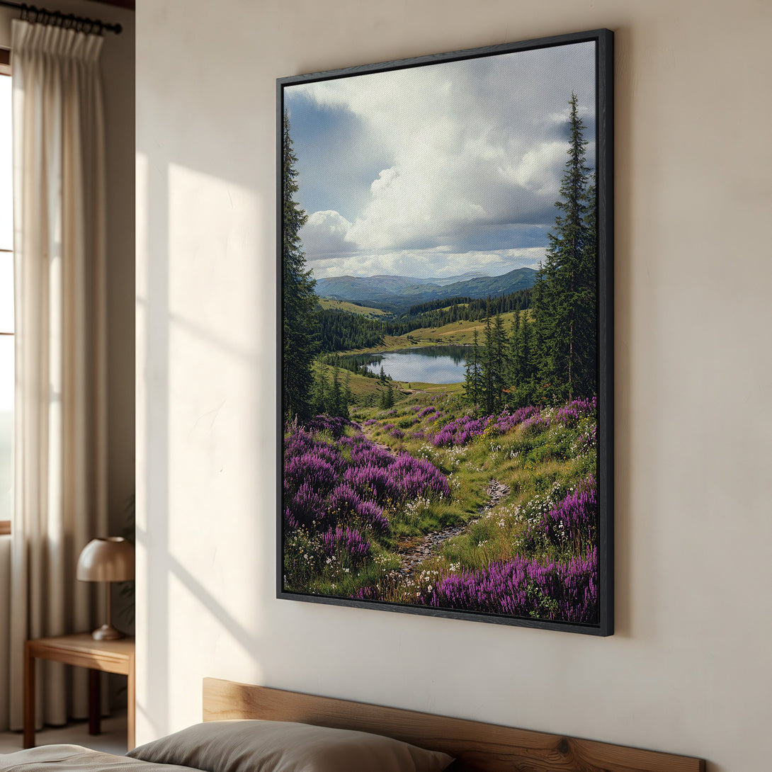 Framed Wall Art: Serene landscape Canvas Print featuring a lake, mountains, and vibrant purple flowers. Earthy color palette, perfect for home decor.