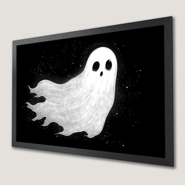 Framed Poster featuring a whimsical ghost illustration in black and white, perfect for Halloween decor.