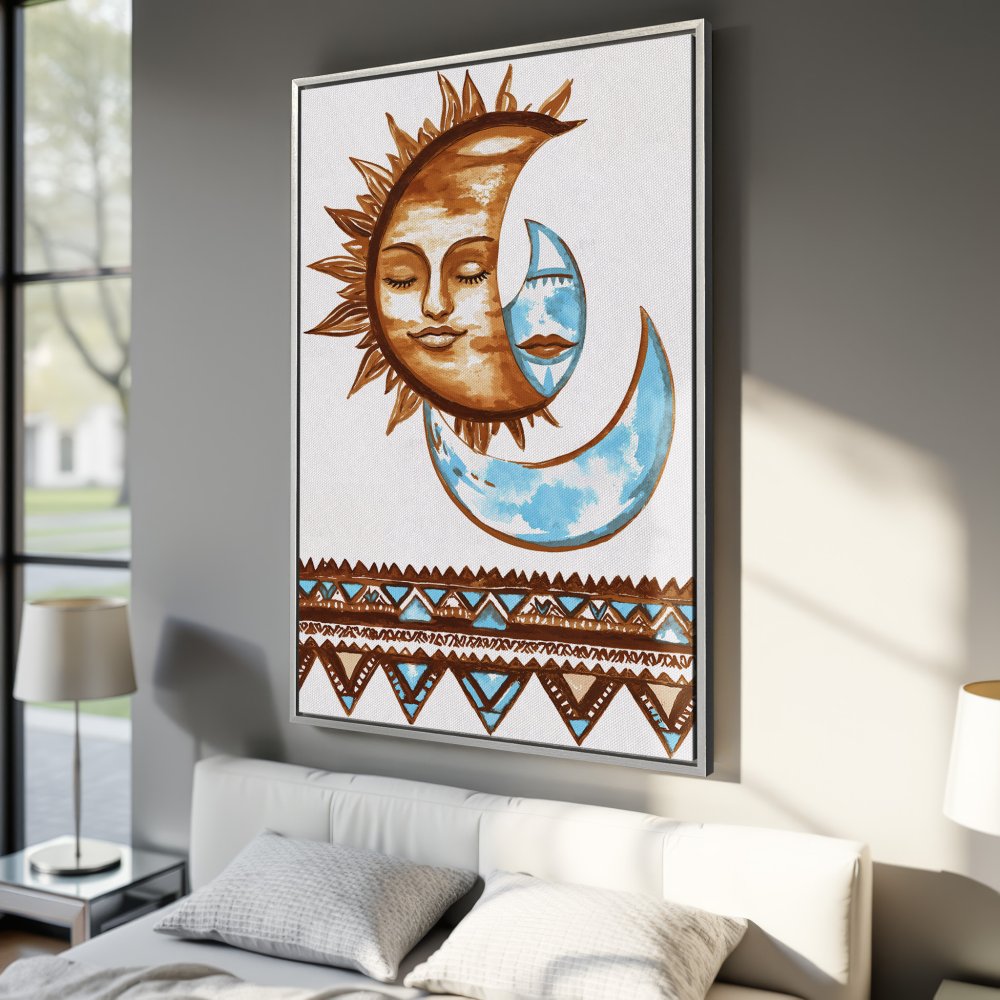 Framed Wall Art: Watercolor sun and moon art print in warm brown and blue tones. Boho style canvas print perfect for bedroom decor.