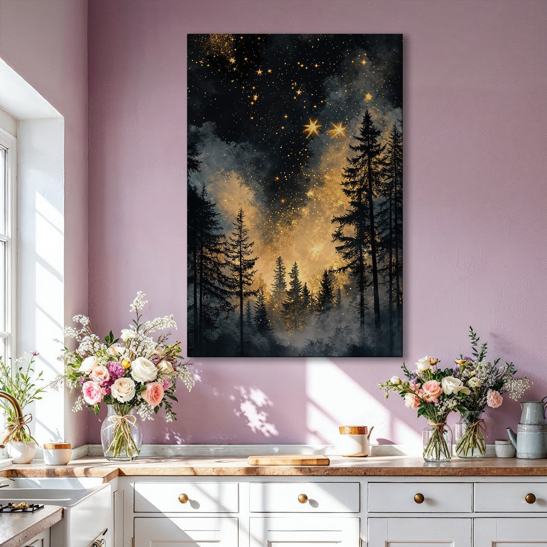 Framed Wall Art: Stunning forest scene Canvas Print with a dramatic night sky. Black, gold, and gray color palette. Perfect for adding a touch of elegance.