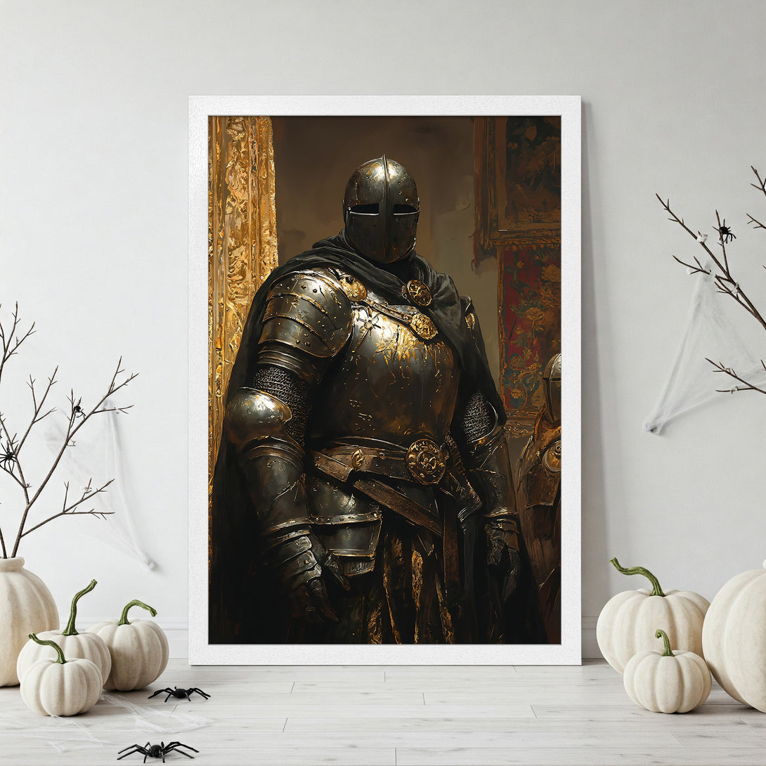 Framed Poster featuring a medieval knight in detailed armor, a dark and gold color palette, perfect for adding a touch of history to your space.