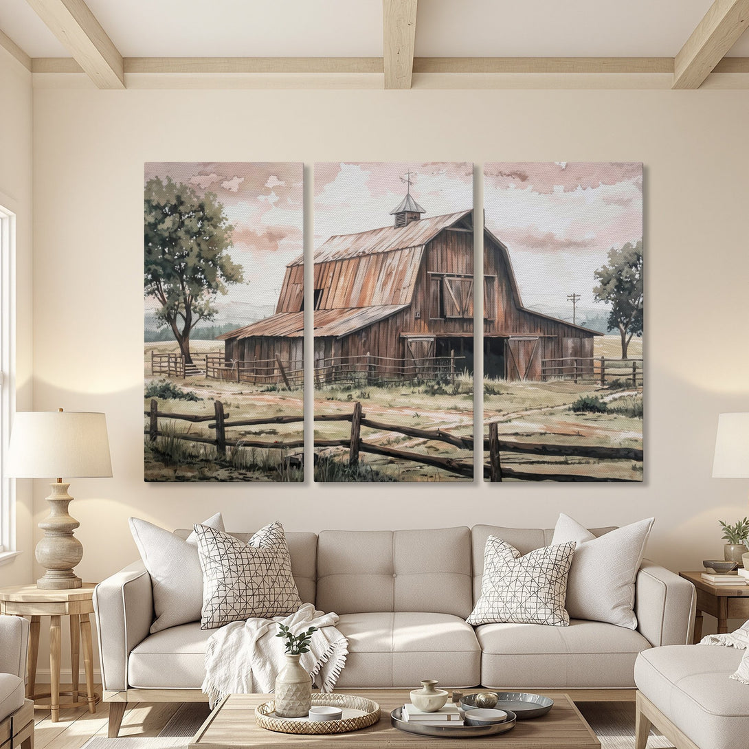 Canvas Print of a rustic barn watercolor painting in a warm, neutral color palette. Perfect farmhouse wall art for any home.