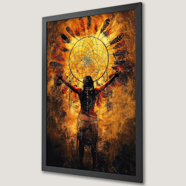 Framed Poster featuring Native American woman with dreamcatcher. Warm orange and brown tones, artistic style. Perfect wall art.