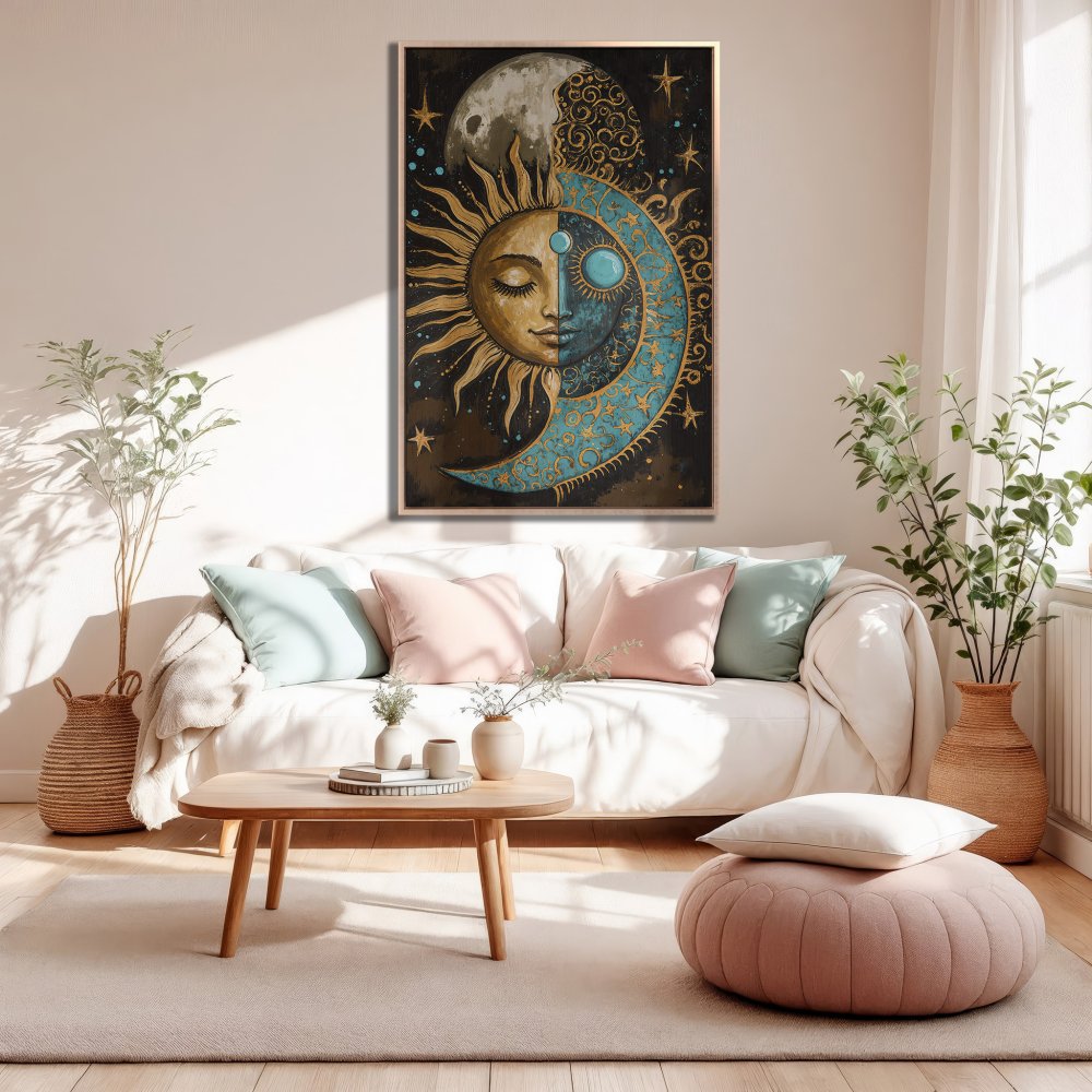 Framed Wall Art: Celestial sun and moon canvas print in boho style. Features gold, teal, and brown color palette, perfect for living room decor.