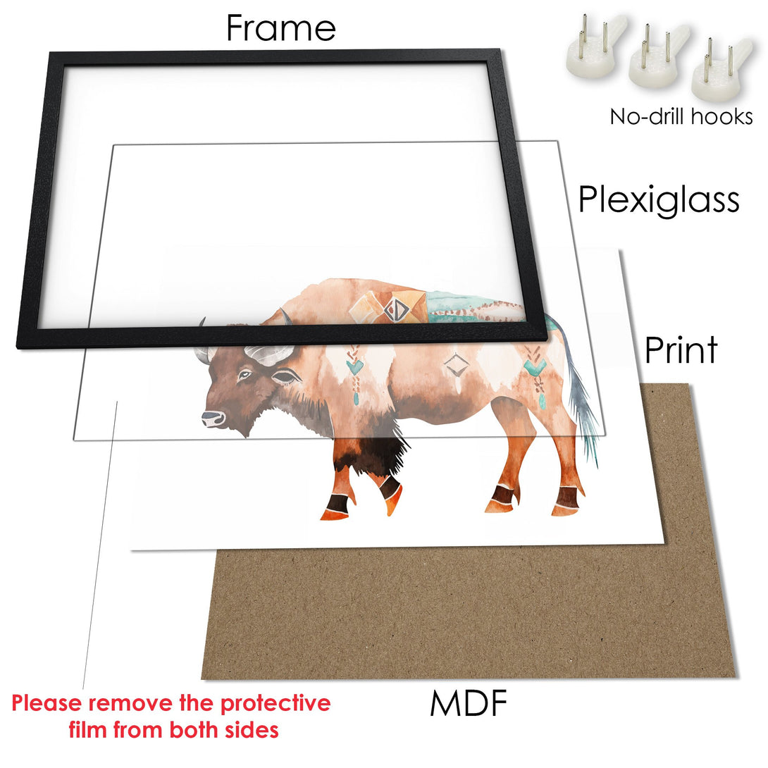 Framed Poster featuring a watercolor bison in earthy tones. Perfect wall art for your home!