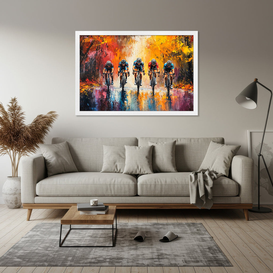 Framed Poster featuring cyclists in an abstract style, vibrant orange, yellow, and blue color palette. Perfect wall art for your home!