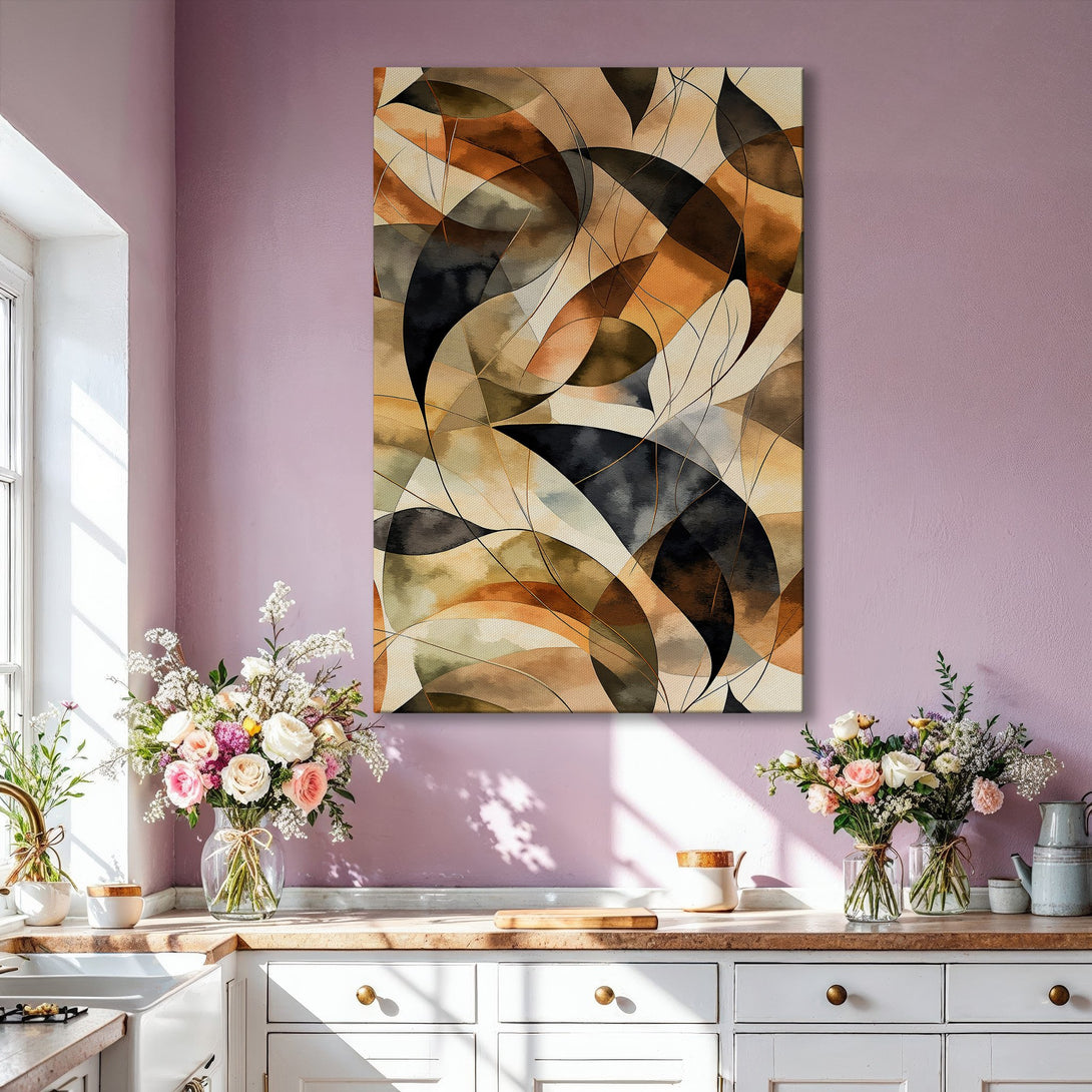 Framed Wall Art: Abstract art Canvas Print in warm earth tones. Modern living room decor with a neutral color palette. Elevate your space with this stunning piece.