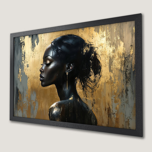 Framed Poster: Elegant woman portrait in black, gold, and gray abstract style. Perfect wall art for modern decor.