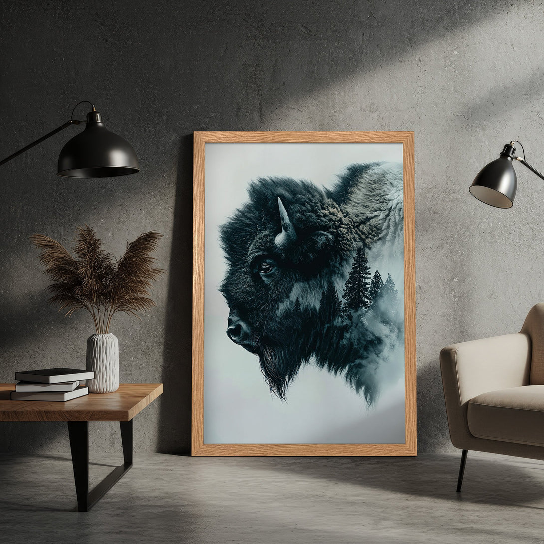 Framed Poster featuring a bison with a forest overlay, in a monochrome palette. Modern art print for home decor.