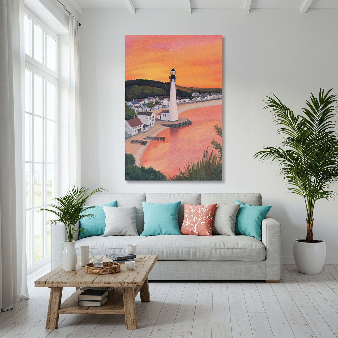 Framed Wall Art of coastal lighthouse scene in warm sunset hues. Adds a touch of seaside charm to any interior.