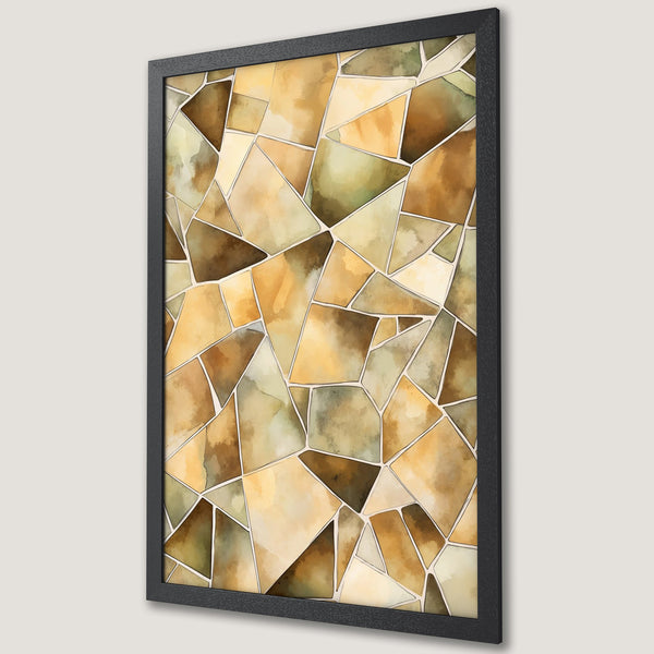 Framed Poster featuring an abstract watercolor design in earthy tones of brown, gold, and green. Perfect wall art for any space.