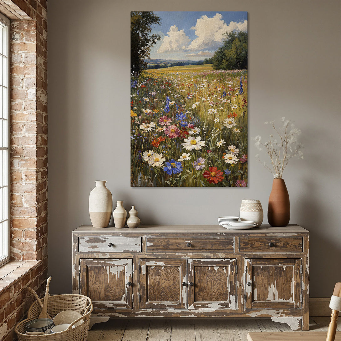 Framed Wall Art: Impressionist wildflower field painting in a gold frame. Colorful palette of blues, yellows, greens, and reds. Perfect for home decor.