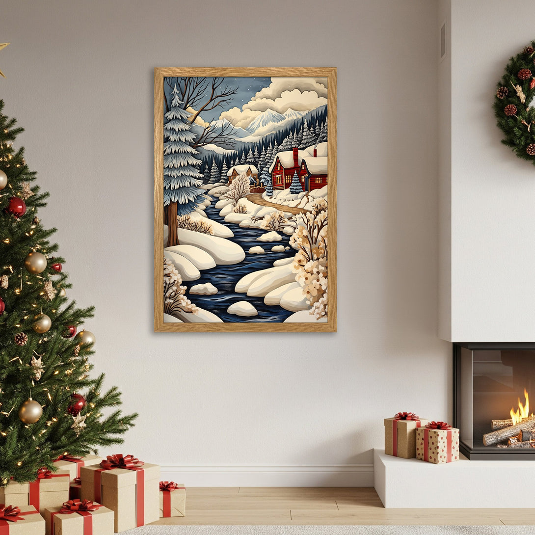 Framed Poster of a winter landscape with red houses, in a cozy, illustrated style with a blue and white color palette. Perfect for holiday decor!