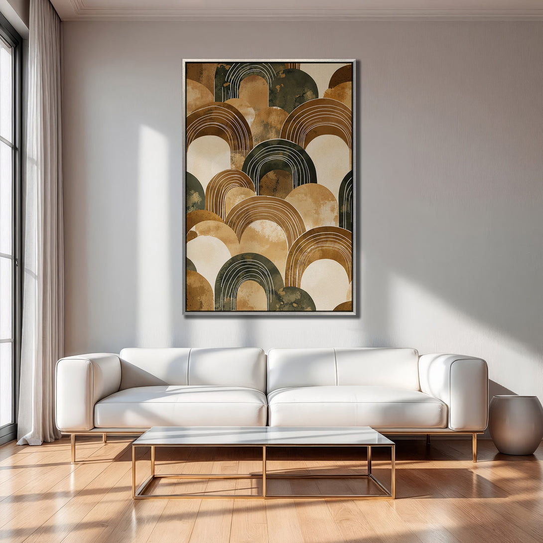 Framed Wall Art: Abstract art print with earthy tones. Modern home decor featuring a warm, neutral color palette. Perfect for living room or bedroom.
