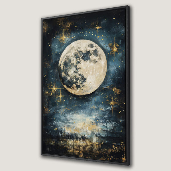 Framed Wall Art: Abstract moonlit night canvas print. Dark blue, gold, and cream color palette. Perfect for modern home decor.