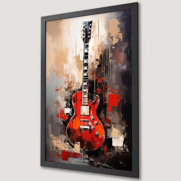 Framed Poster featuring a vibrant red electric guitar in an abstract style with a warm, earthy color palette. Perfect for music lovers!