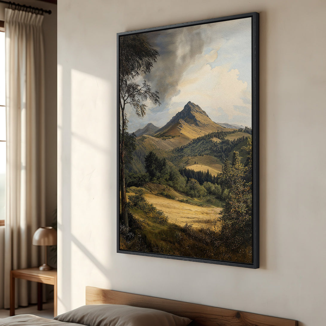 Framed Wall Art: Mountain landscape Canvas Print in warm earth tones. Classic art style, perfect for adding a touch of nature to your home decor.
