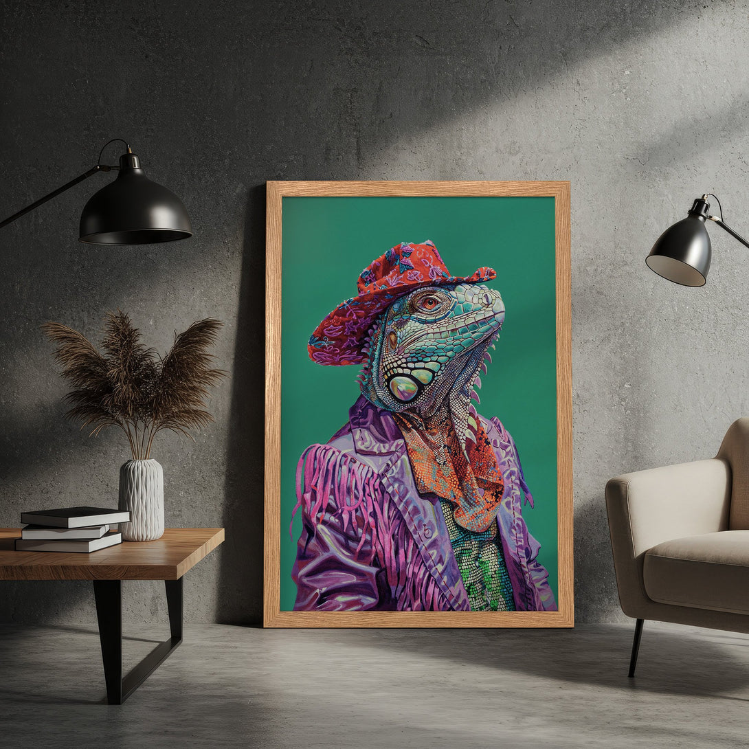 Framed Poster featuring a stylish iguana in a cowboy hat, vibrant colors. Unique wall art, perfect for home decor.