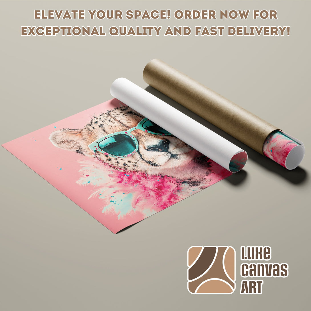 Cheetah Poster Roll with pink & teal accents. Modern art print, perfect for home decor. Order now!