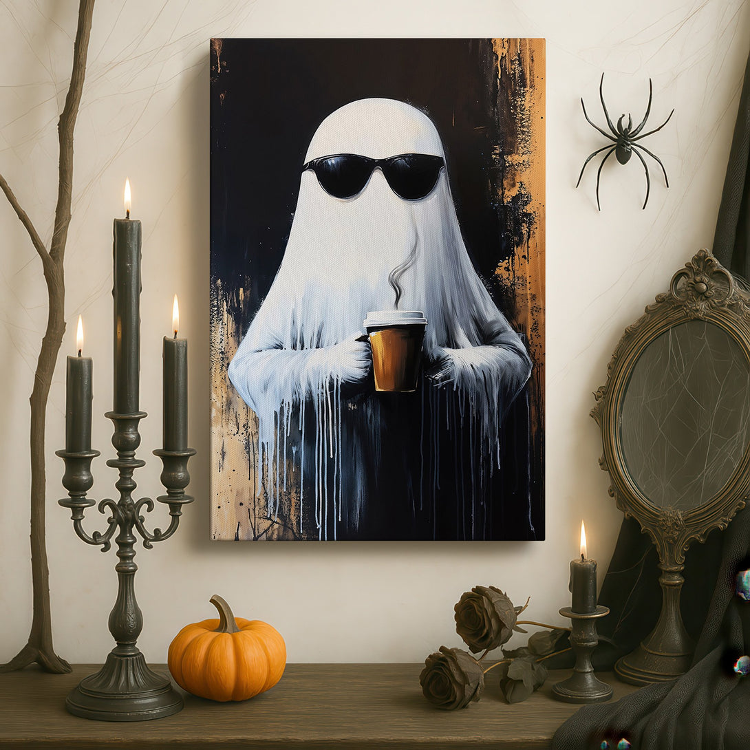 Framed Wall Art featuring a cool ghost with sunglasses, holding a coffee cup. Modern art with a black, white, and gold color palette. Perfect for home decor!