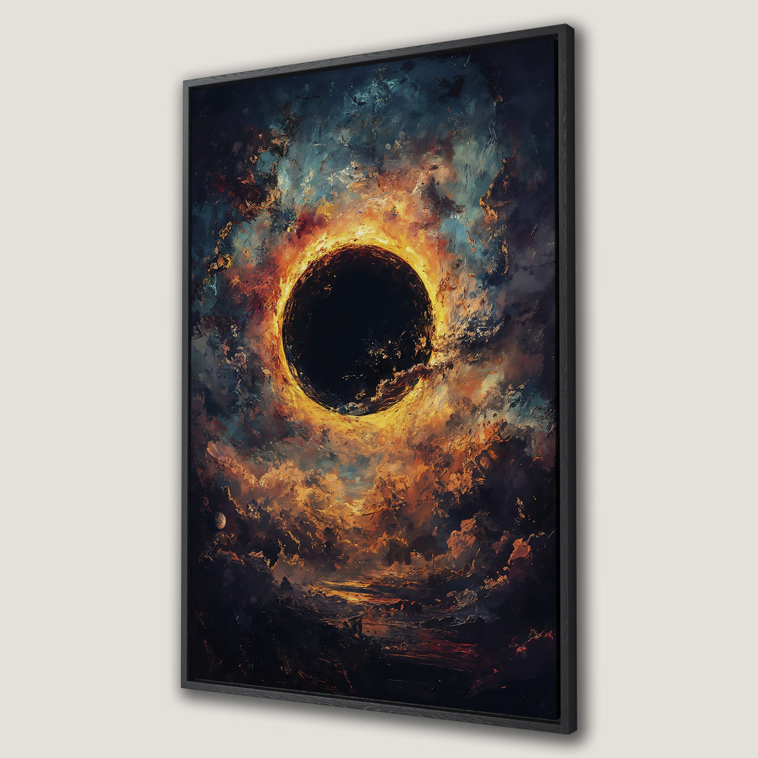 Framed Wall Art: Abstract celestial art print featuring a dark sun in a vibrant orange, blue, and black color palette. Perfect for modern home decor.