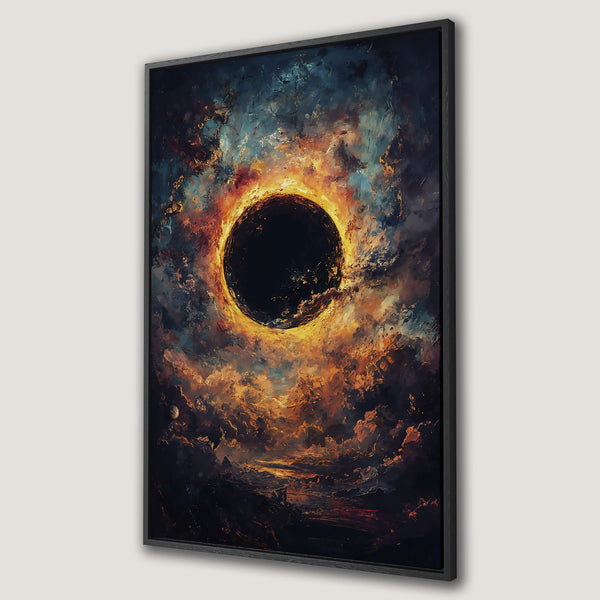 Framed Wall Art: Abstract celestial art print featuring a dark sun in a vibrant orange, blue, and black color palette. Perfect for modern home decor.