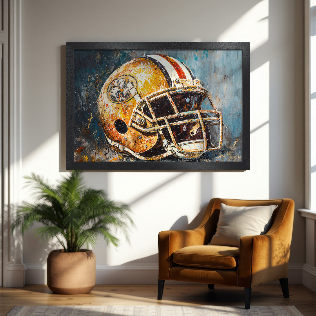 Framed Poster featuring a football helmet in an abstract style with a warm, earthy color palette. Perfect wall art for sports fans!