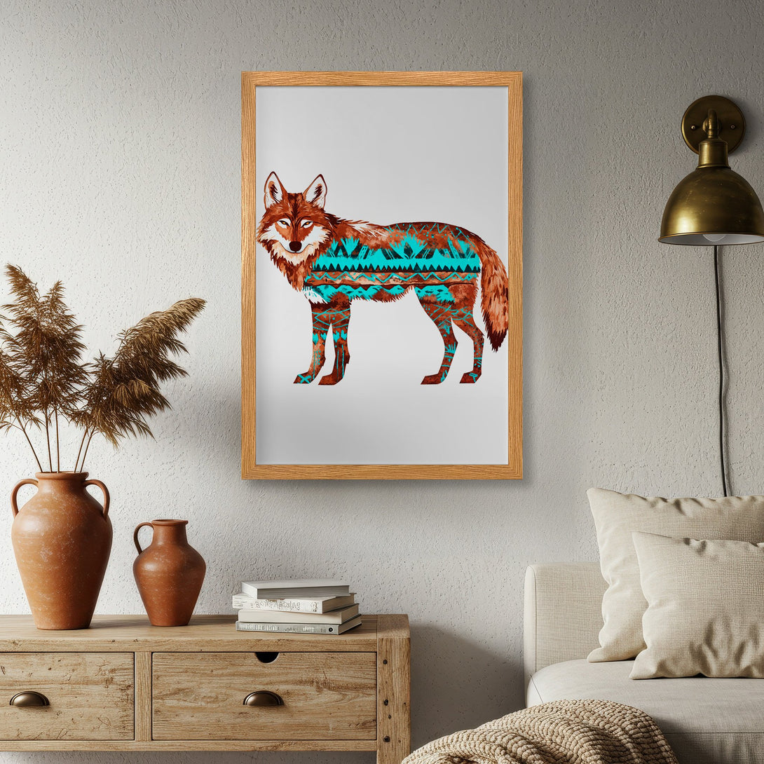 Framed Poster featuring a stylish wolf design with a tribal pattern. Earthy tones of brown, turquoise, and beige. Perfect wall art for your home!