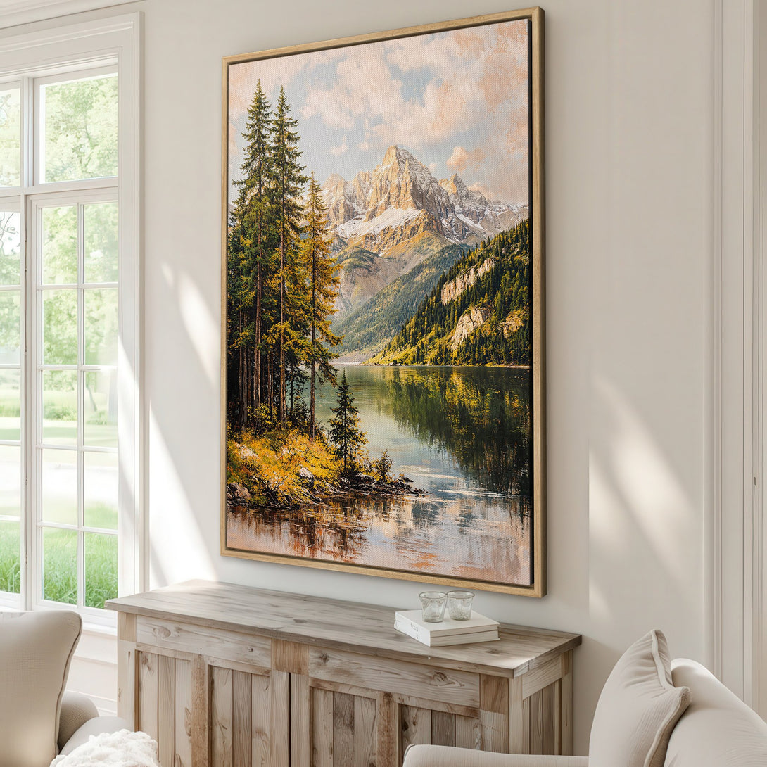 Framed Wall Art: Mountain lake landscape Canvas Print in warm tones. Add serene beauty to your home with this stunning nature-inspired artwork.