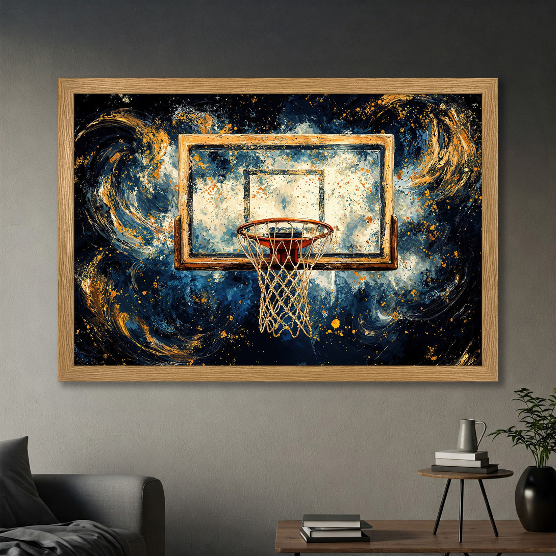 Framed Poster featuring a basketball hoop in an abstract style with a blue and gold color palette. Perfect wall art!