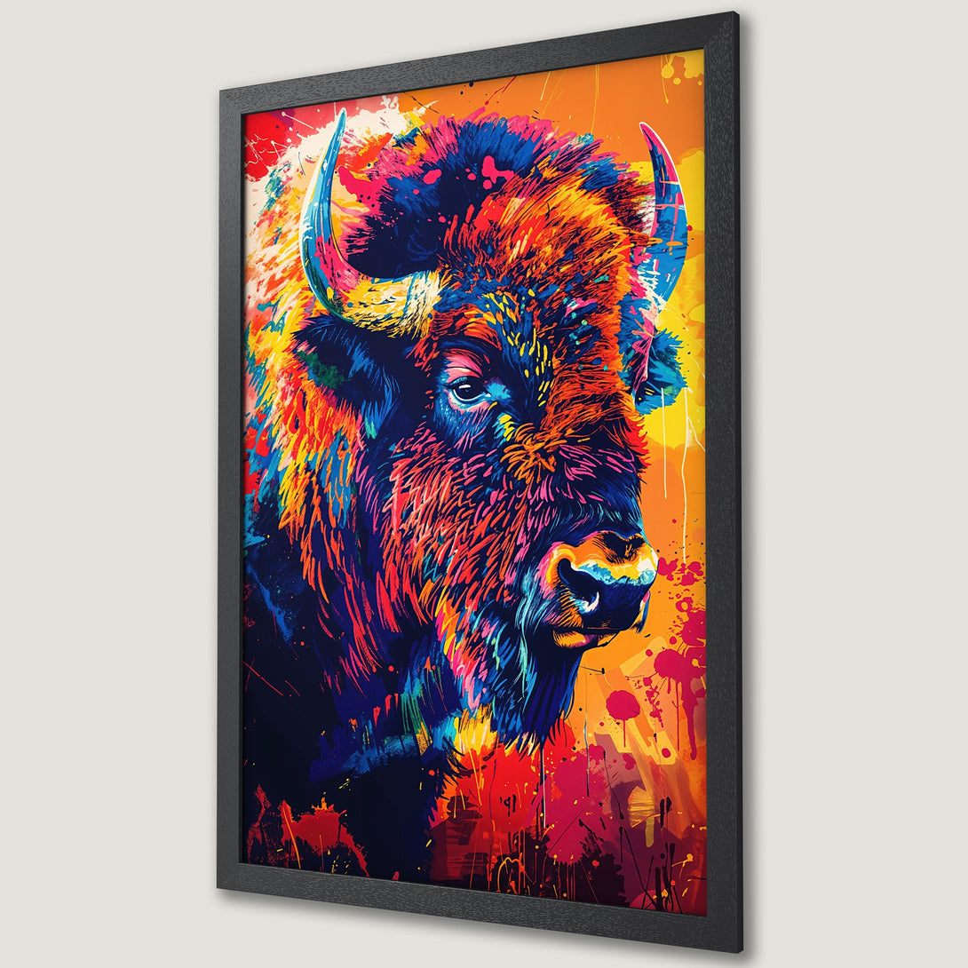 Framed Poster of a colorful bison in a pop art style. Vibrant palette of orange, blue, yellow, and red. Perfect wall art!