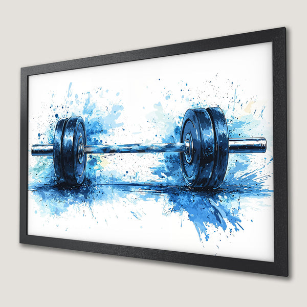 Framed Poster: Abstract barbell art in blue watercolor style. Perfect gym decor.