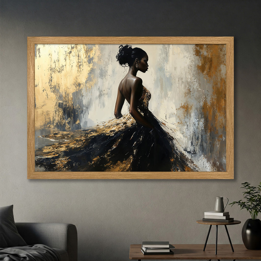 Framed Poster featuring abstract floral art in black, gold, and gray tones. Modern wall decor for your home.