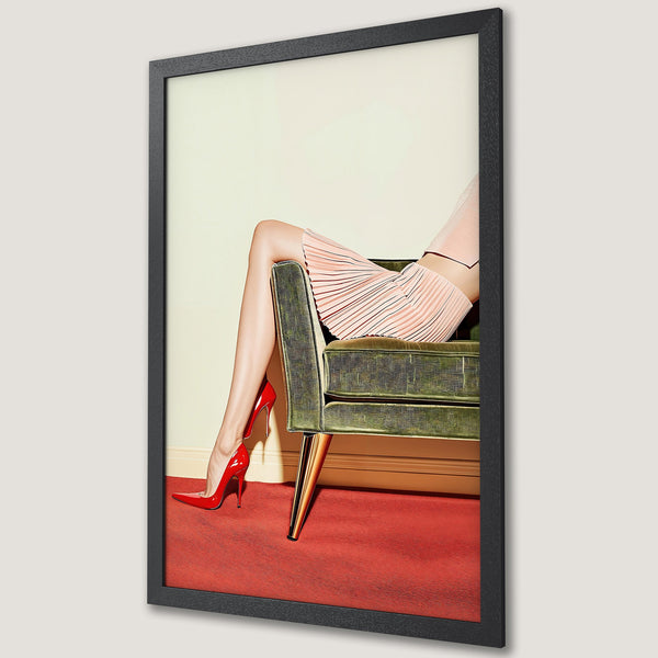 Framed Poster featuring legs in red heels, fashion-forward style, with a pink, green, and red color palette. Perfect wall art!