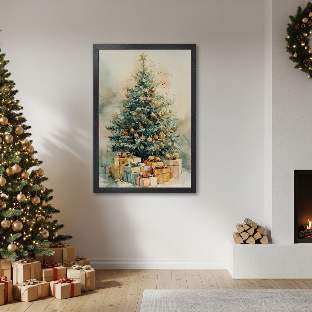 Framed Poster featuring a watercolor Christmas tree with gifts. Soft, warm color palette perfect for holiday decor.