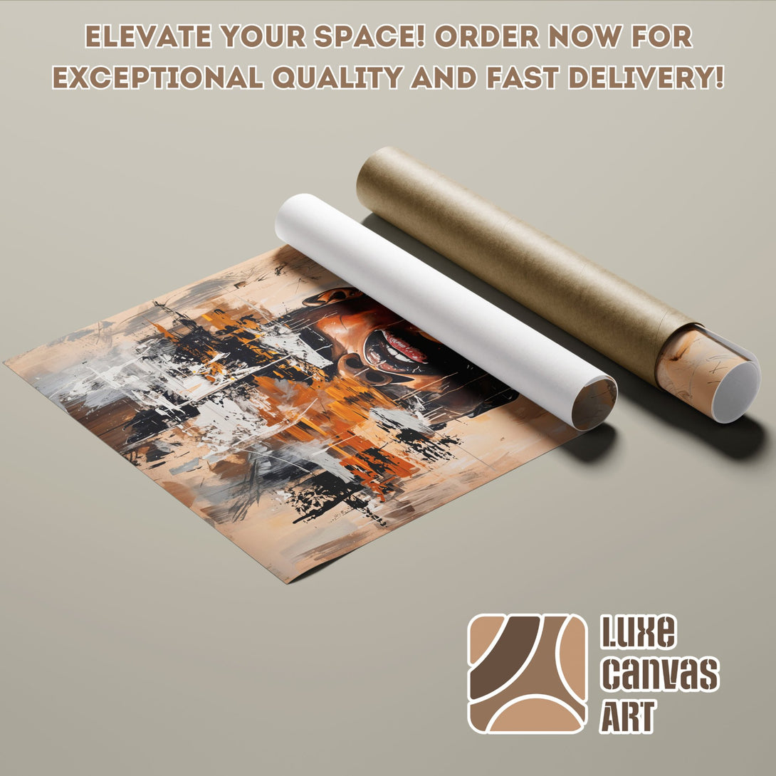 Abstract art poster roll with brown, orange, and gray tones. Elevate your space!
