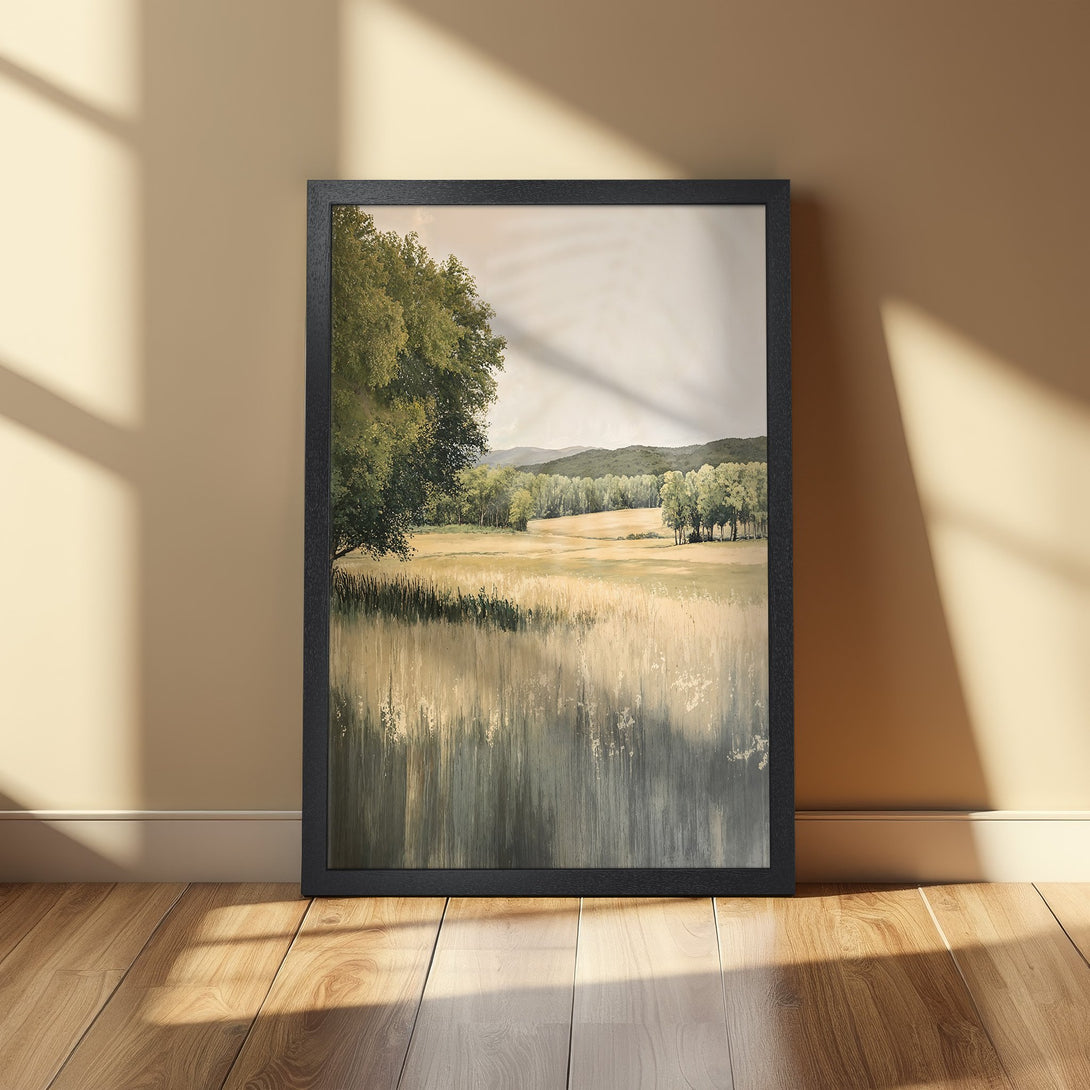 Framed Poster featuring a serene landscape painting in muted green and beige tones. Perfect wall art for a calming home.